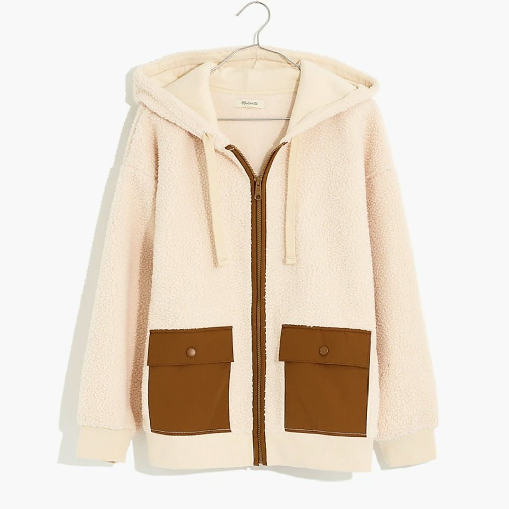 MADEWELL IVORY BROWN (RE)SOURCED FLEECE HOODED ZIP JACKET - Picture 5 of 5